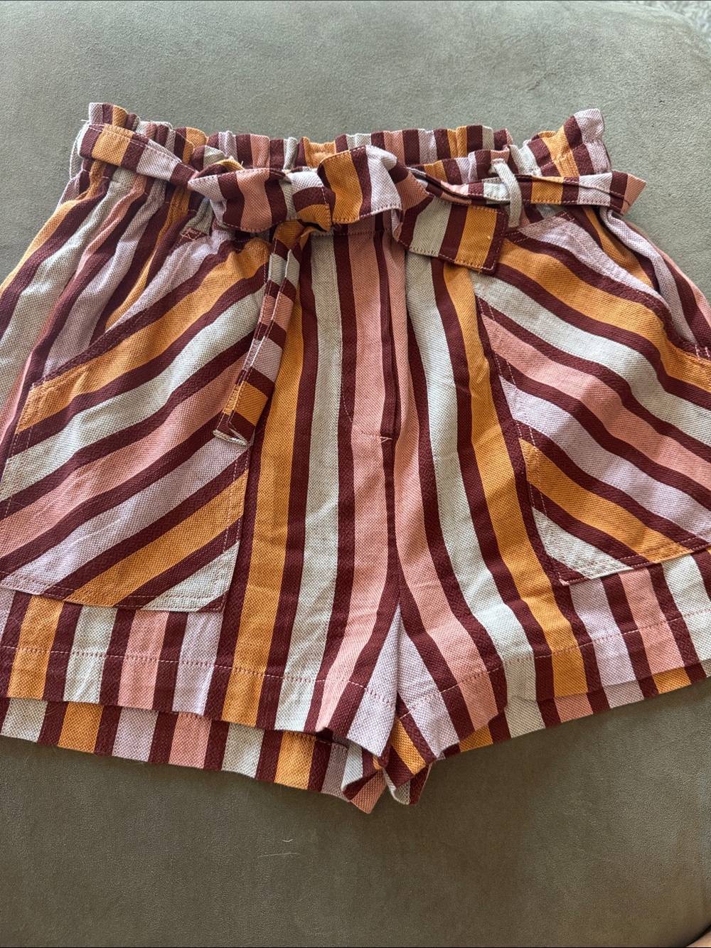 Striped Paperbag Waist Shorts in Rust, Pink & Mustard ANTHRO